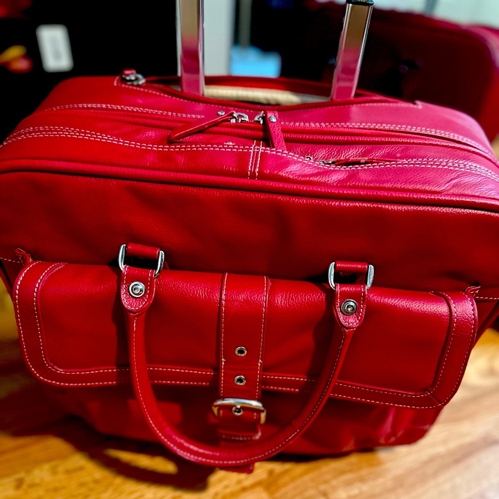 Red Leather Rolling Travel Bag Laptop